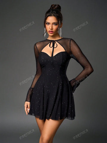 PARTHEA Tie Front Cut Out Ruched Bodycon Sequin Mesh Dress