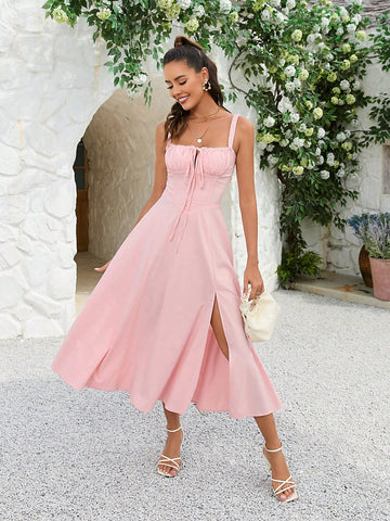 PARTHEA Tie Front Ruched Bust Split Thigh Cami Dress