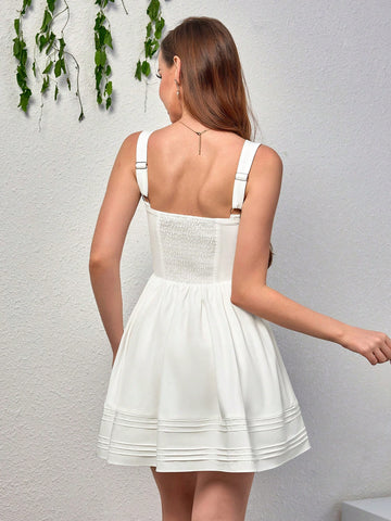 PARTHEA Tie Front Ruched Ruffles Trim Backless Smocking Bodycon Dress