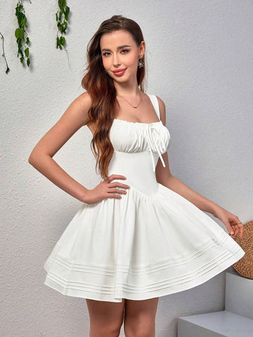 PARTHEA Tie Front Ruched Ruffles Trim Backless Smocking Bodycon Dress