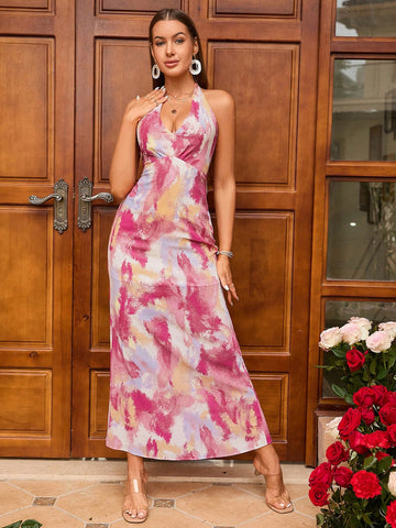 PARTHEA V-Neck Backless Contrast Print Chiffon Long Dress