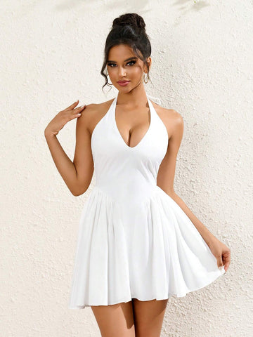 PARTHEA V-Neck Halter Tie Smocking Bodycon Ruched Dress