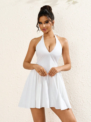 PARTHEA V-Neck Halter Tie Smocking Bodycon Ruched Dress