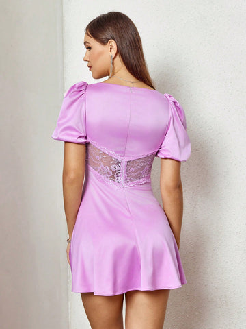 PARTHEA V-Neck Lace Spliced Perspective Ruched Satin Bodycon Dress