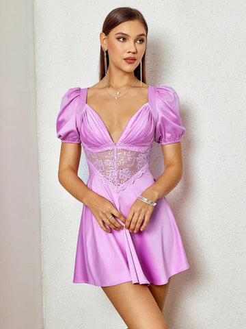 PARTHEA V-Neck Lace Spliced Perspective Ruched Satin Bodycon Dress