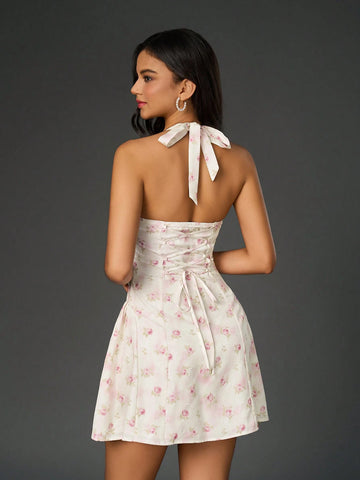 PARTHEA Valentine's Day Halter Backless Crisscross Tie Up Lace Smocking Jacquard Ruched Bodycon Dress