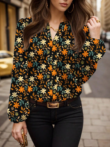 Floral Elegant Casual Minimalist Women Blouse, Suitable For Winter Wear