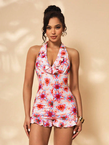 PRESLEY COLE Women's Printed Simple Daily Sleeveless Backless Romper