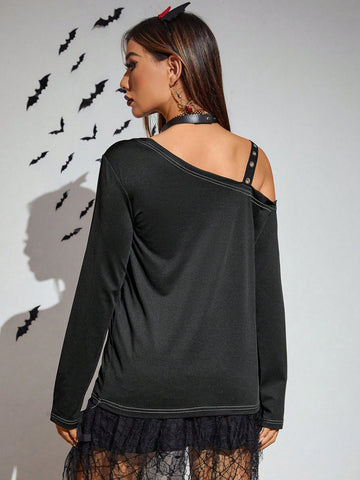 Halloween Figure & Letter Graphic Asymmetrical Neck Tee