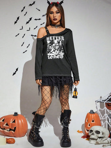 Halloween Figure & Letter Graphic Asymmetrical Neck Tee