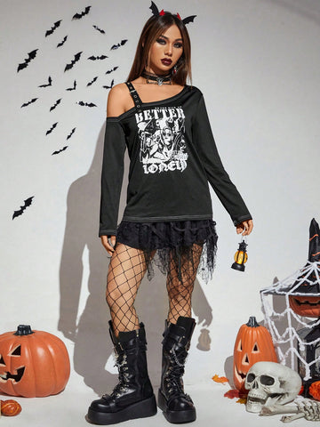 Halloween Figure & Letter Graphic Asymmetrical Neck Tee