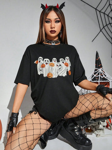 Halloween Print Drop Shoulder Tee