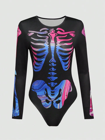 PUNK Skeleton Print Slim Fit Bodysuit