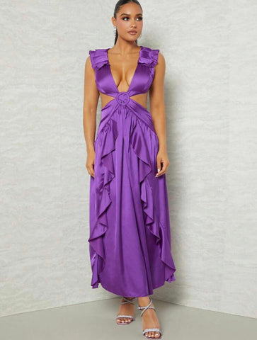 Plunging Buckle Detail Ruffle Trim Lace Up Backless Dress