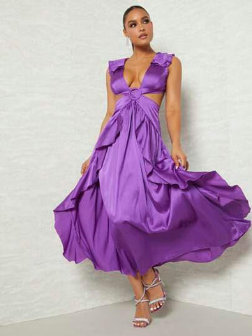 Plunging Buckle Detail Ruffle Trim Lace Up Backless Dress