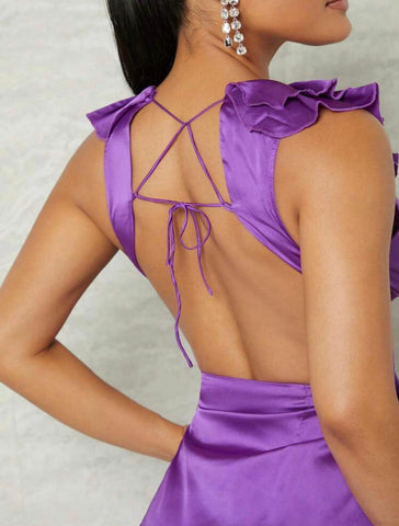 Plunging Buckle Detail Ruffle Trim Lace Up Backless Dress