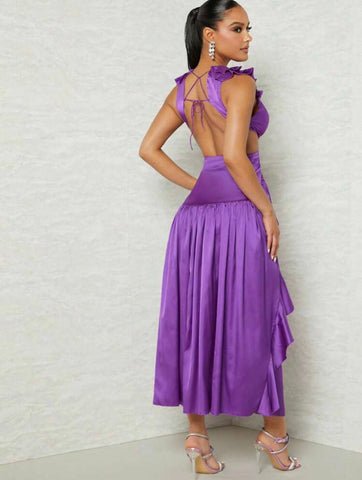 Plunging Buckle Detail Ruffle Trim Lace Up Backless Dress