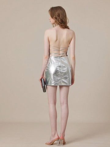 PU Shiny Halter Solid Color Cocktail Party Evening Dress