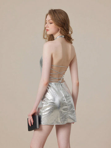 PU Shiny Halter Solid Color Cocktail Party Evening Dress