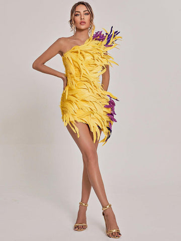 Paislee Asymmetric Feather Mini Dress