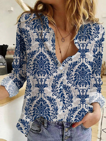 Paisley Print Long Sleeve Shirt - Women's Casual Lapel Button Front Shirt, Loose Fit, Soft Fabric, Spring/Autumn