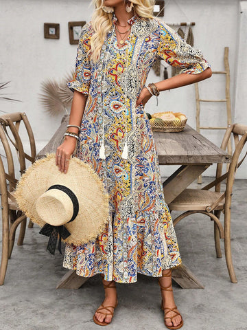 Paisley Print Short Sleeve Dress With Knot Front And Ruffle Hem