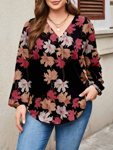 Women Casual Floral Ombre Print Shirt, Suitable For Autumn/Winter