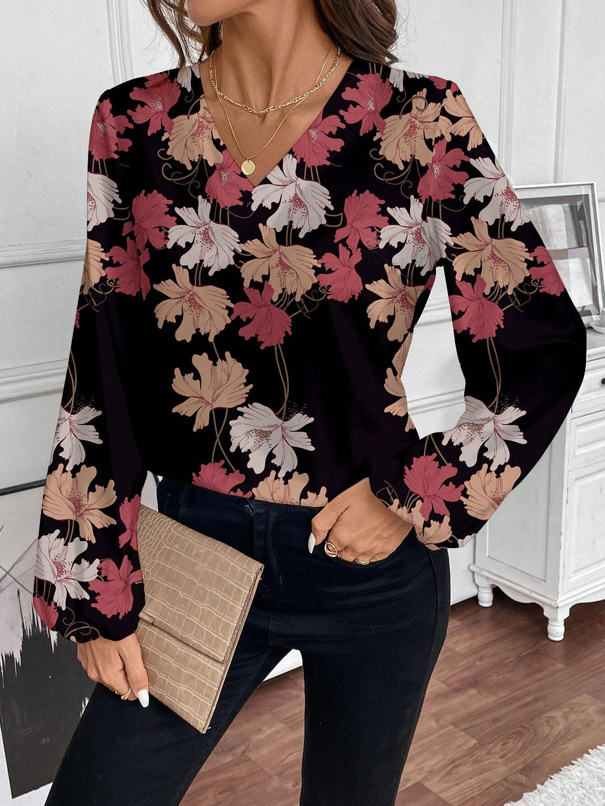 Women Casual Floral Ombre Print Shirt, Suitable For Autumn/Winter