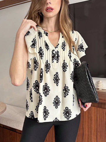 Casual Versatile V-Neck Women Shirt With Arrow Print, Pleated & Frill Hem