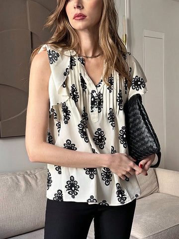 Casual Versatile V-Neck Women Shirt With Arrow Print, Pleated & Frill Hem