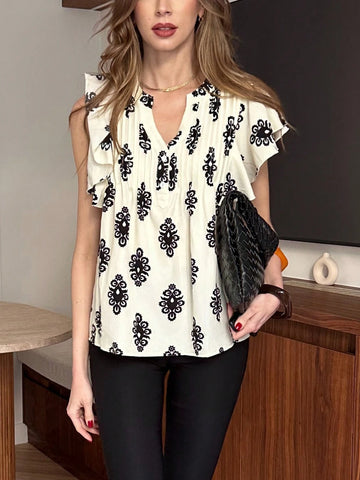 Casual Versatile V-Neck Women Shirt With Arrow Print, Pleated & Frill Hem