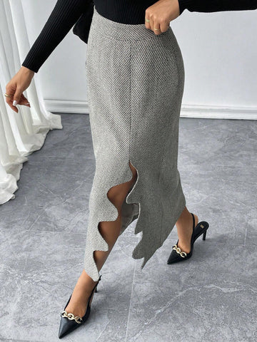 Pariaura Elegant Jacquard Wool Slim Fit Pocket Pleated Long Skirt For Women, Autumn/Winter