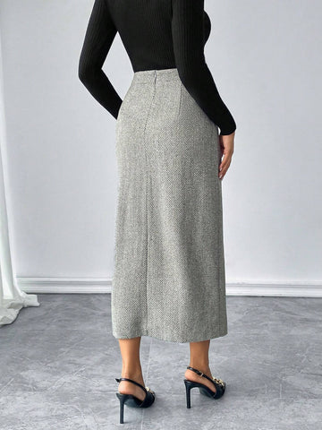 Pariaura Elegant Jacquard Wool Slim Fit Pocket Pleated Long Skirt For Women, Autumn/Winter
