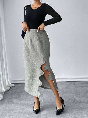 Pariaura Elegant Jacquard Wool Slim Fit Pocket Pleated Long Skirt For Women, Autumn/Winter