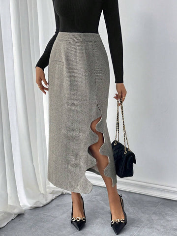 Pariaura Elegant Jacquard Wool Slim Fit Pocket Pleated Long Skirt For Women, Autumn/Winter