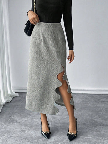 Pariaura Elegant Jacquard Wool Slim Fit Pocket Pleated Long Skirt For Women, Autumn/Winter