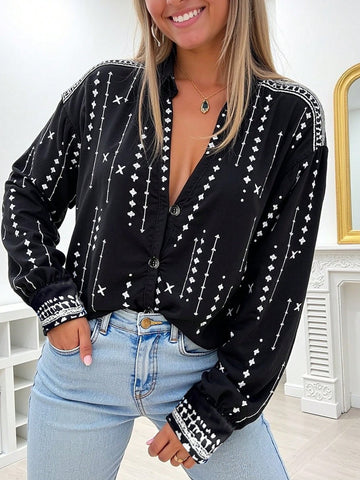 Pariaura Geometric Print Lapel Collar Long Sleeve Loose Casual Shirt