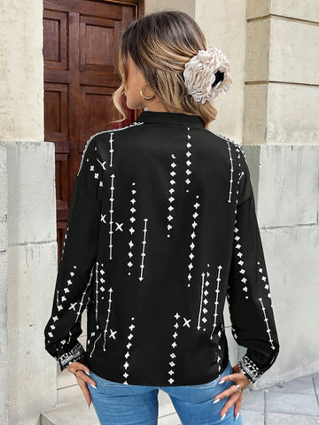 Pariaura Geometric Print Lapel Collar Long Sleeve Loose Casual Shirt