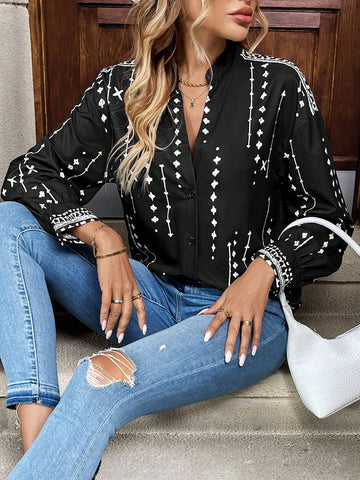 Pariaura Geometric Print Lapel Collar Long Sleeve Loose Casual Shirt