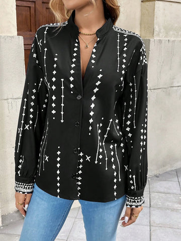 Pariaura Geometric Print Lapel Collar Long Sleeve Loose Casual Shirt