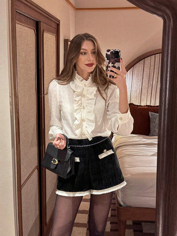 Pariaura Knit Tape Splice Leisure Elegant Elegant Black Shorts