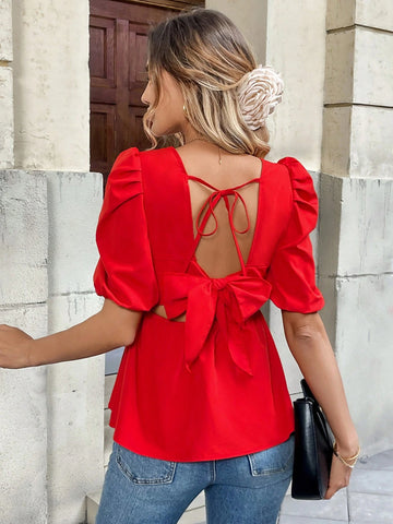 Pariaura Red Puff Sleeve Elegant Shirt, Women Winter Fashion