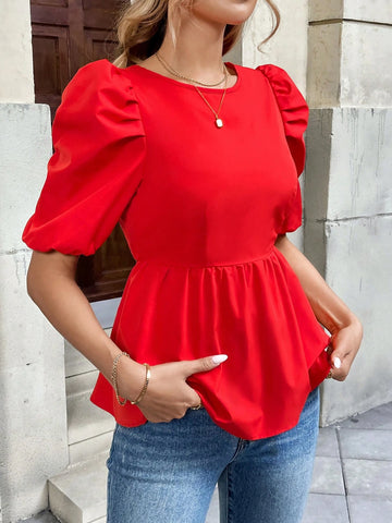 Pariaura Red Puff Sleeve Elegant Shirt, Women Winter Fashion