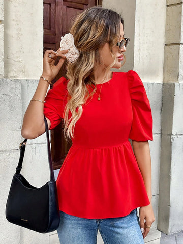 Pariaura Red Puff Sleeve Elegant Shirt, Women Winter Fashion