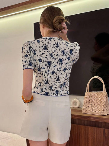 Pariaura Square Neck Ditsy Floral Casual Summer Blouse, Flattering