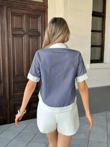 Striped Patchwork Contrasting Color Lapel Pocket Casual Short Sleeve Blouse For Women