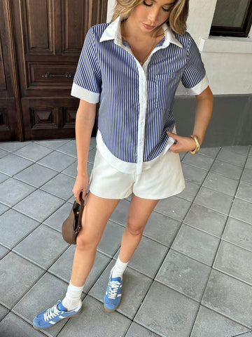 Striped Patchwork Contrasting Color Lapel Pocket Casual Short Sleeve Blouse For Women