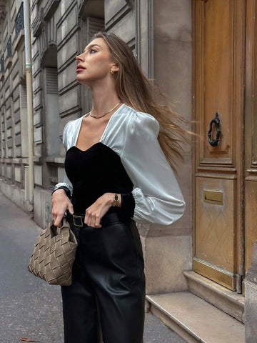 Women's Autumn/Winter Color-Blocking Velvet Lantern Sleeve Fitted Elegant Blouse