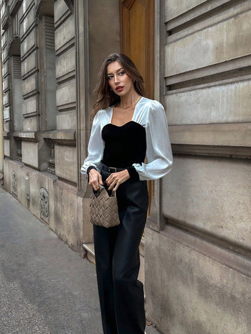 Women's Autumn/Winter Color-Blocking Velvet Lantern Sleeve Fitted Elegant Blouse