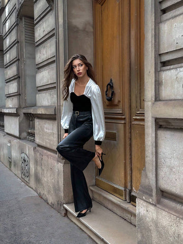 Women's Autumn/Winter Color-Blocking Velvet Lantern Sleeve Fitted Elegant Blouse